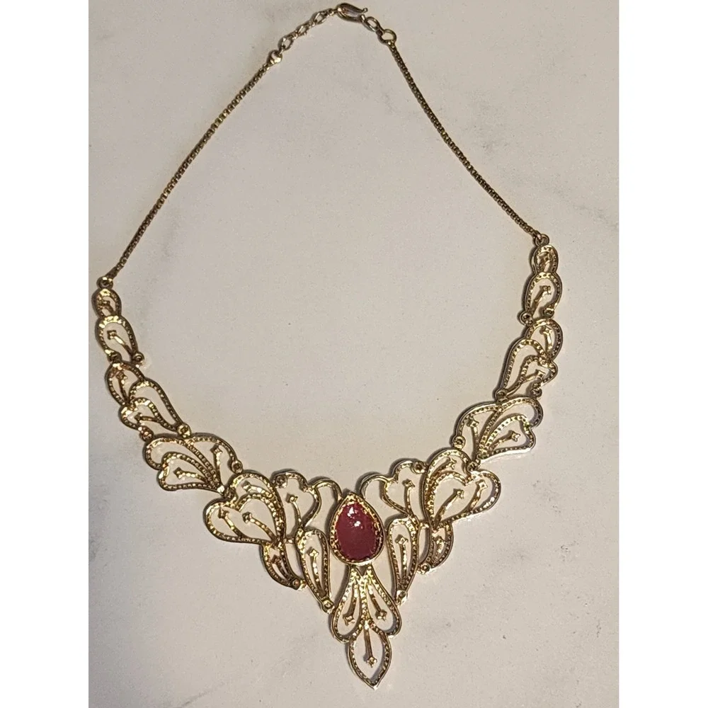 Gold Tone Red Rhinestone Statement Necklace  Chandelier Earrings Set Bollywood